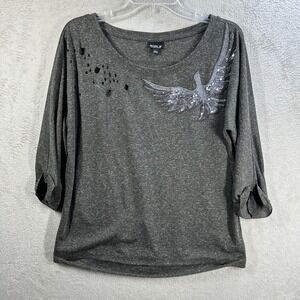 Allen B. by Allen Schwartz Distressed Knit Top Size L Sequin Bird Artsy Grunge